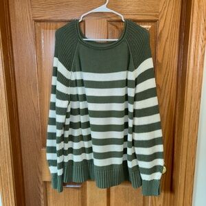 Aerie Green and White Striped Crew Neck Sweater